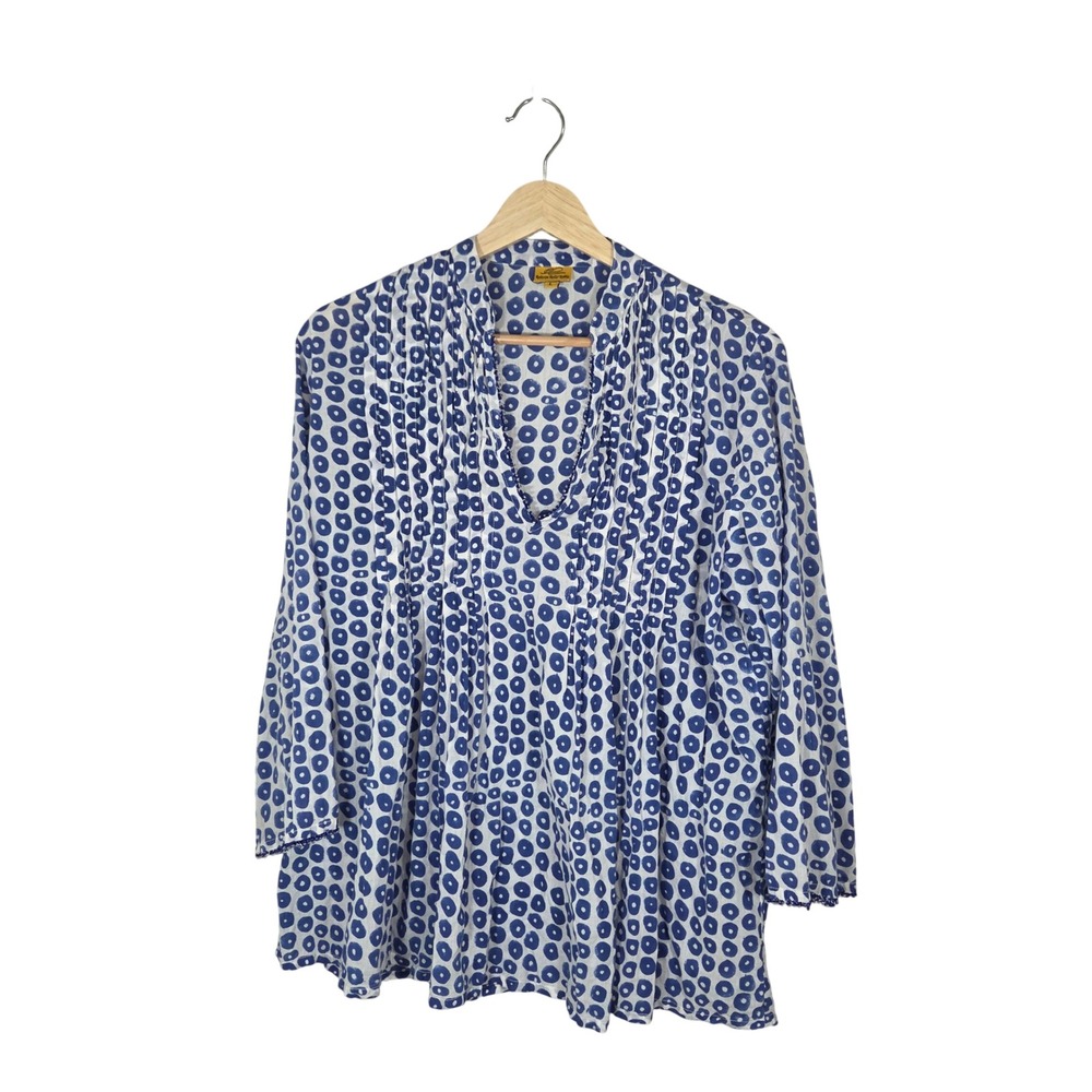 Roberta Roller Rabbit Cotton Tunic L Blue White Block Print Beaded Trim